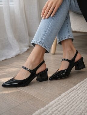 Marc Fisher Black Patent Mary Jane Slingback Block Heels